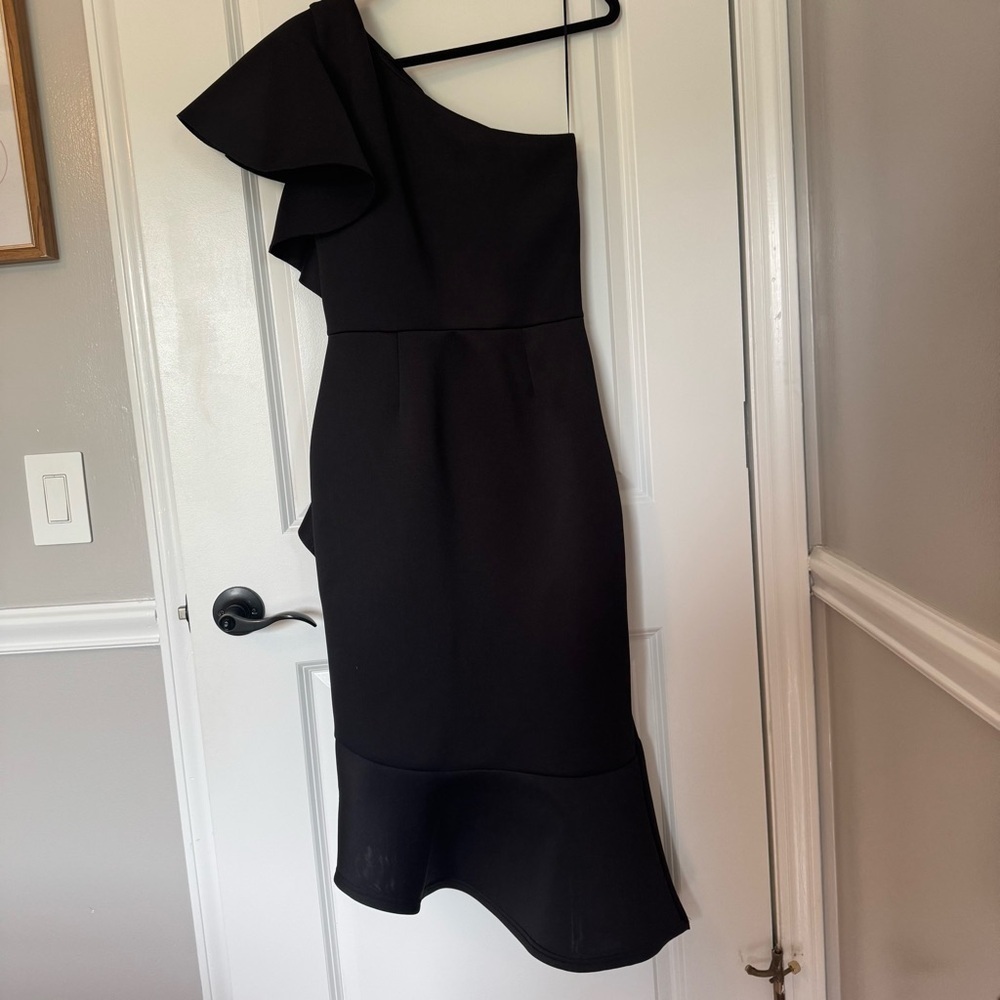 ASOS True Violet Elegant Black One-Shoulder Ruffle Midi Size 10 Dress - Picture 6 of 12